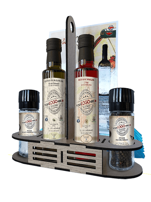 Your label base 4 products oil vinegar salt pepper